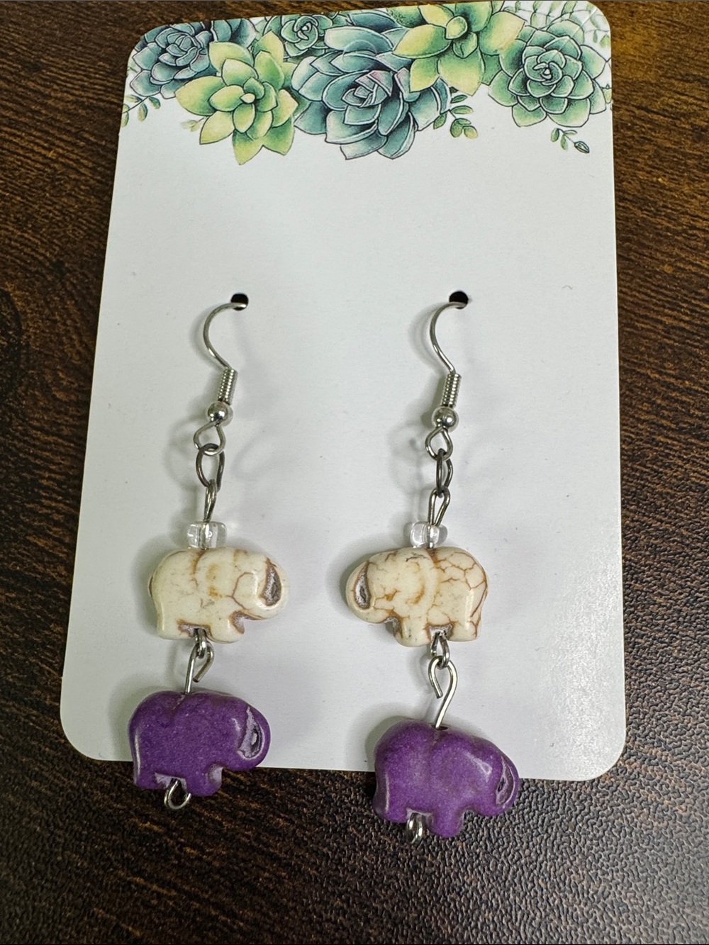 Handmade Purple and Cream Elephant Drop Earrings - Howlite Stone